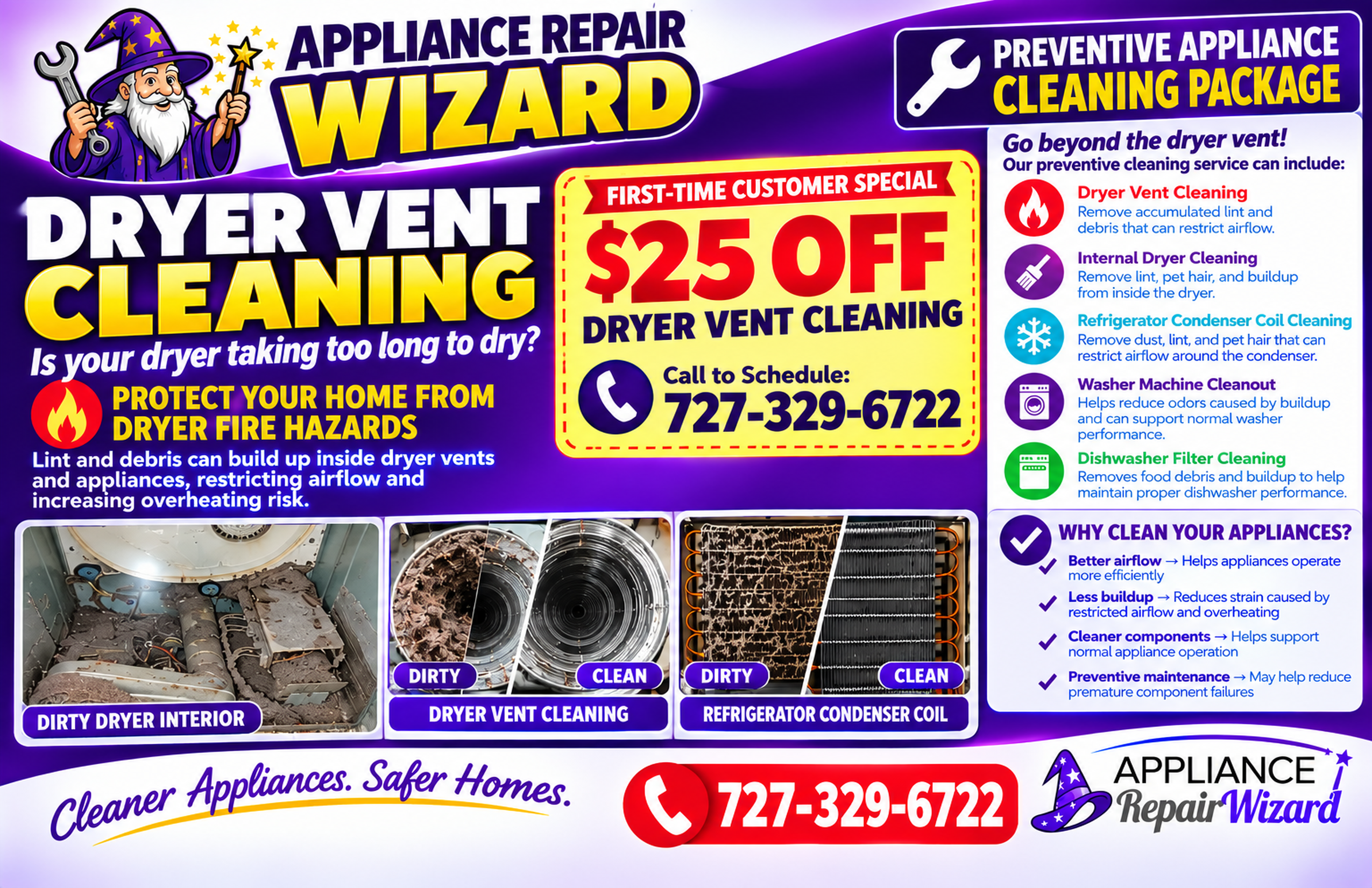 Appliance Repair Wizard dryer vent cleaning promotional flyer